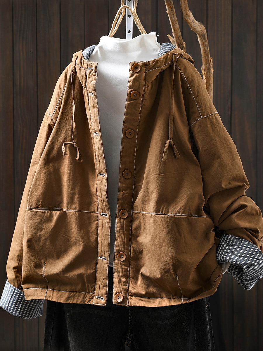 Women Autumn Casual Pure Color Padded Hooded Jacket