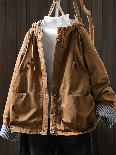 Women Autumn Casual Pure Color Padded Hooded Jacket