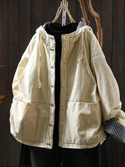 Women Autumn Casual Pure Color Padded Hooded Jacket