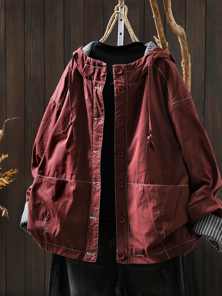 Women Autumn Casual Pure Color Padded Hooded Jacket