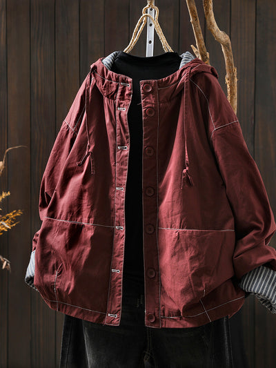 Women Autumn Casual Pure Color Padded Hooded Jacket