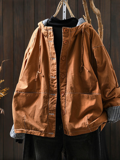 Women Autumn Casual Pure Color Padded Hooded Jacket