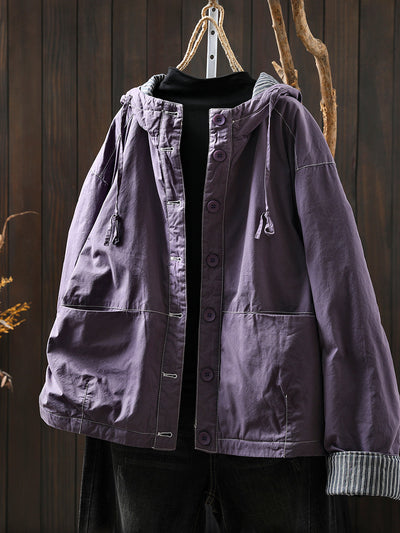 Women Autumn Casual Pure Color Padded Hooded Jacket