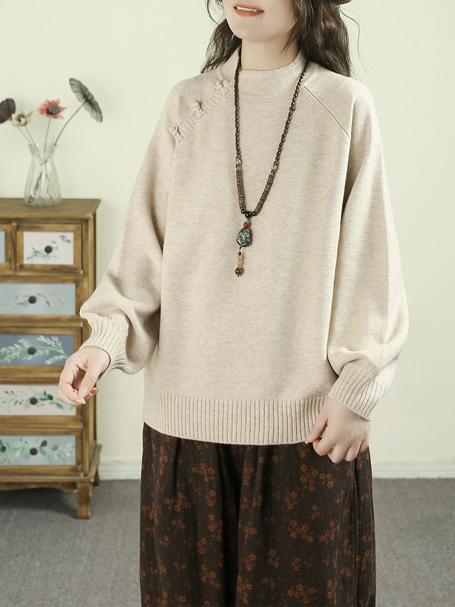 Women Autumn Ethnic Pure Color Stand Collar Sweater