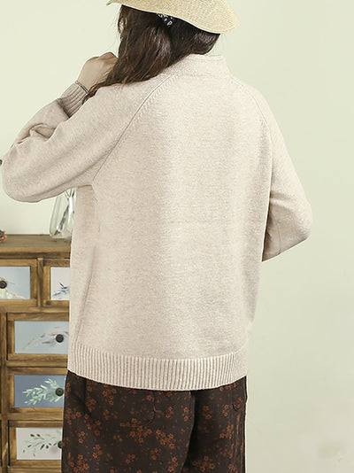 Women Autumn Ethnic Pure Color Stand Collar Sweater