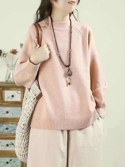 Women Autumn Ethnic Pure Color Stand Collar Sweater