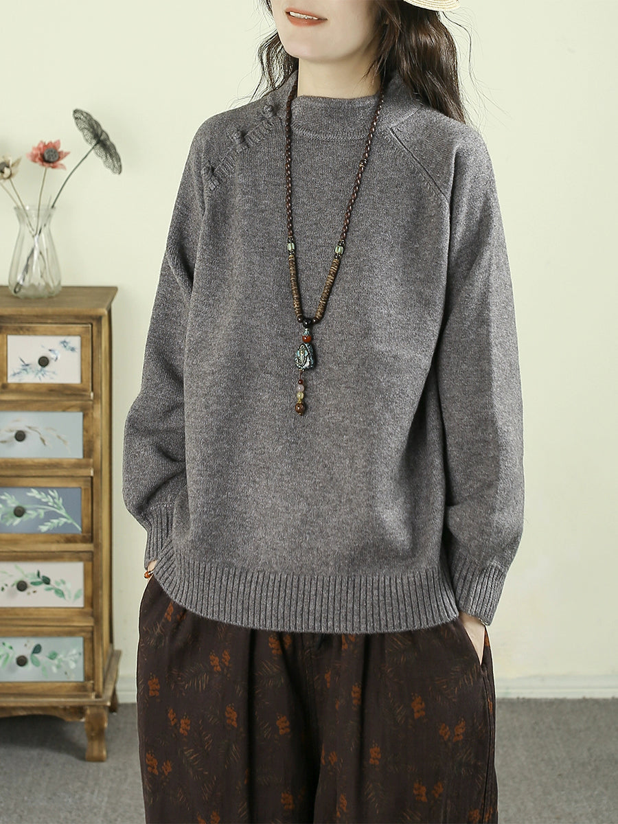 Women Autumn Ethnic Pure Color Stand Collar Sweater