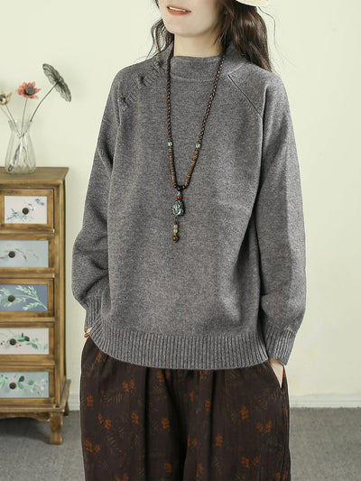 Women Autumn Ethnic Pure Color Stand Collar Sweater