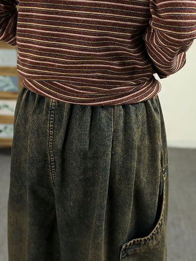 Women Autumn Retro Denim Spliced Harem Pants