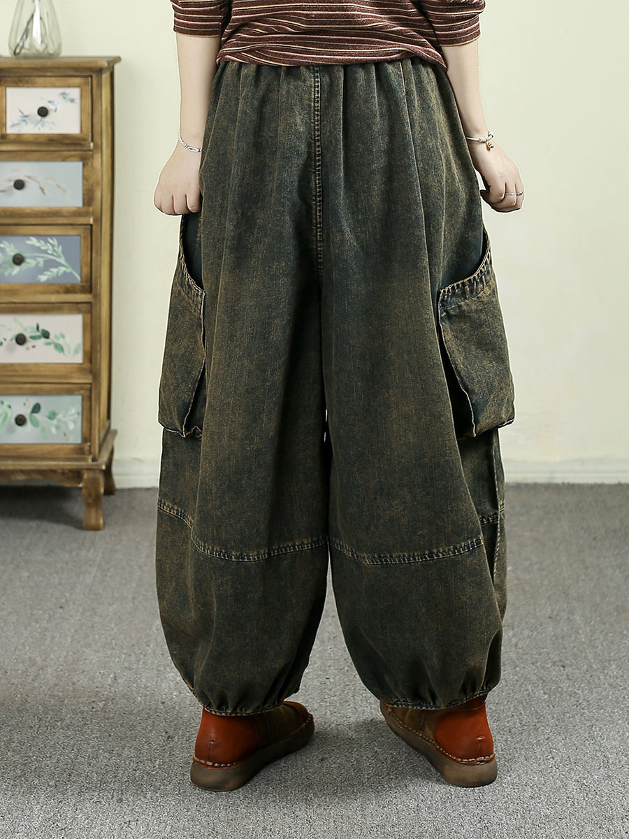 Women Autumn Retro Denim Spliced Harem Pants