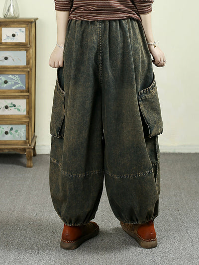 Women Autumn Retro Denim Spliced Harem Pants
