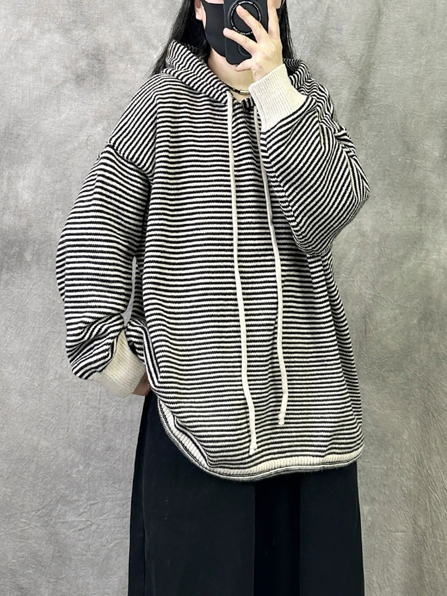 Women Autumn Casual Stripe Cotton Hoodie