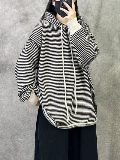 Women Autumn Casual Stripe Cotton Hoodie