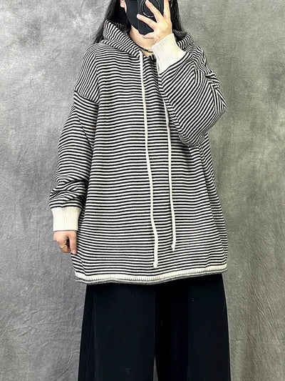 Women Autumn Casual Stripe Cotton Hoodie