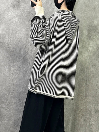 Women Autumn Casual Stripe Cotton Hoodie