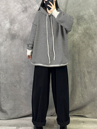 Women Autumn Casual Stripe Cotton Hoodie