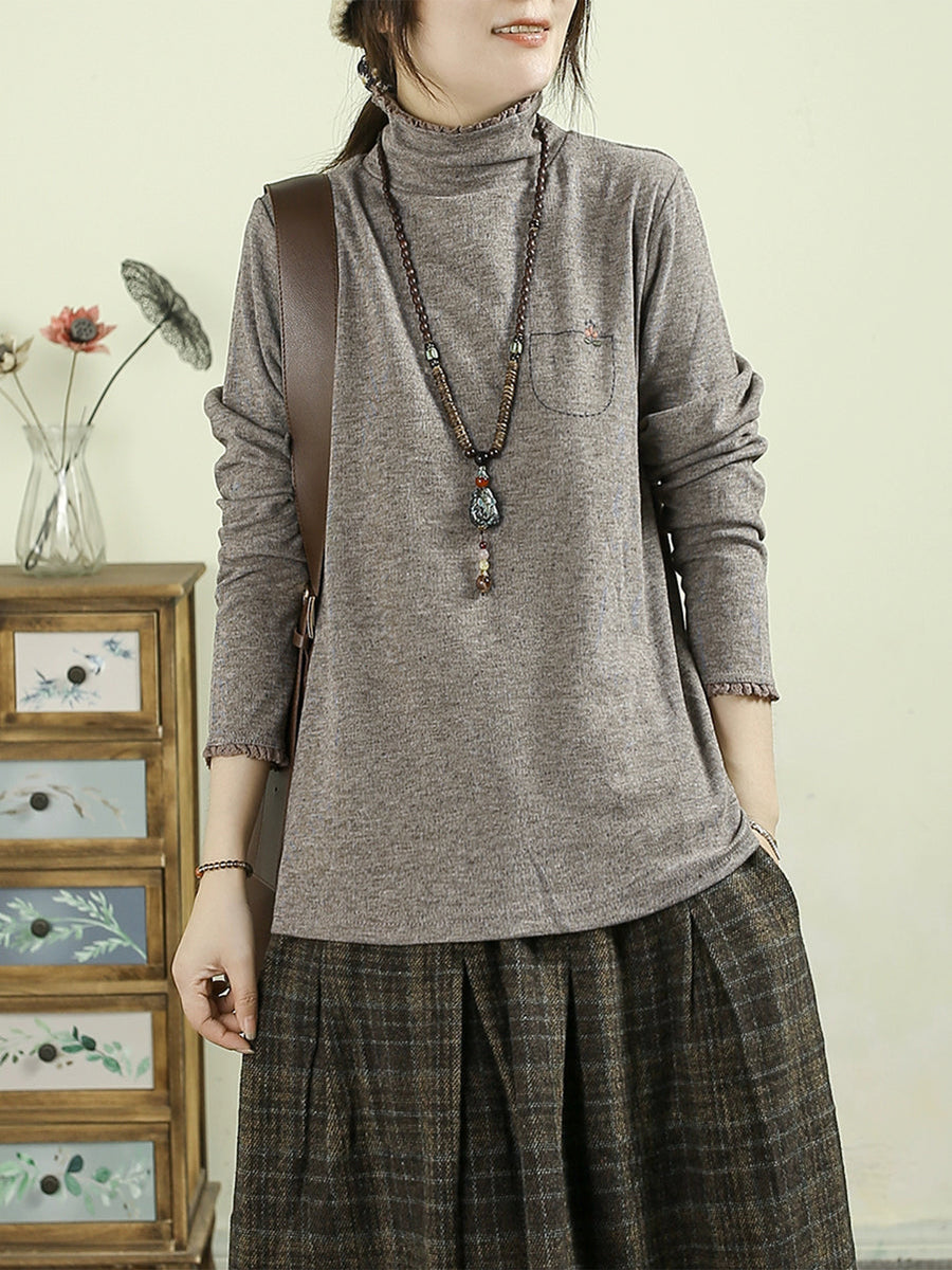 Women Casual Pure Color Turtleneck Blouse