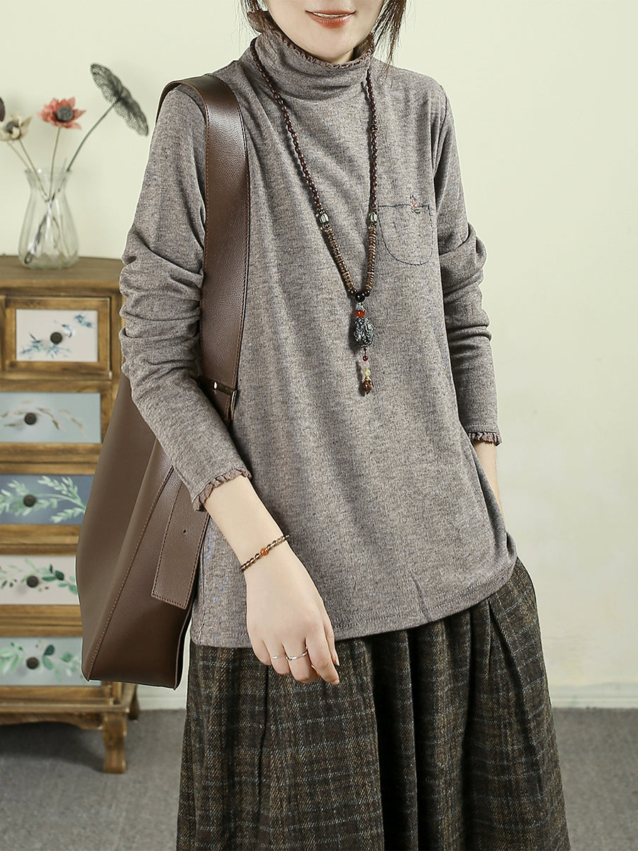 Women Casual Pure Color Turtleneck Blouse