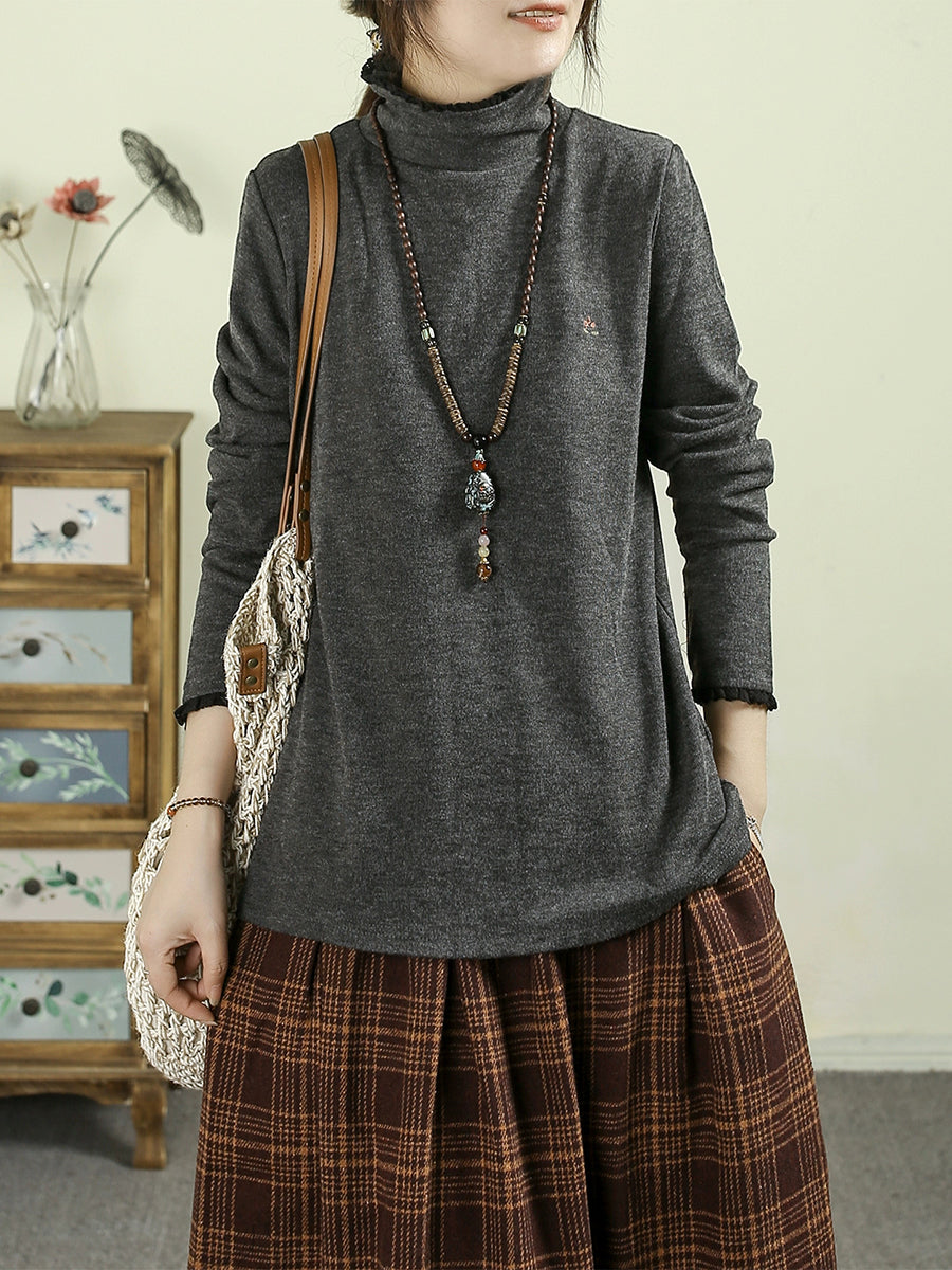 Women Casual Pure Color Turtleneck Blouse