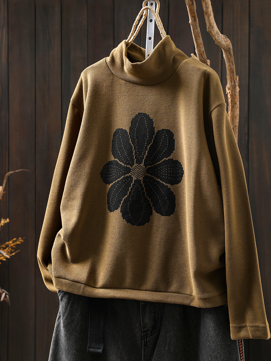 Women Autumn Flower Half-Turtleneck Knitted Sweater