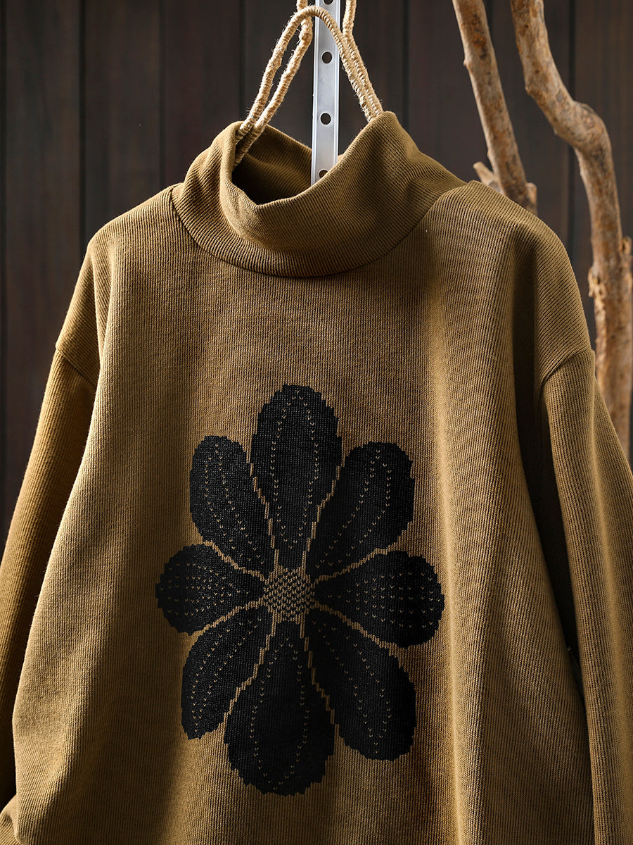Women Autumn Flower Half-Turtleneck Knitted Sweater