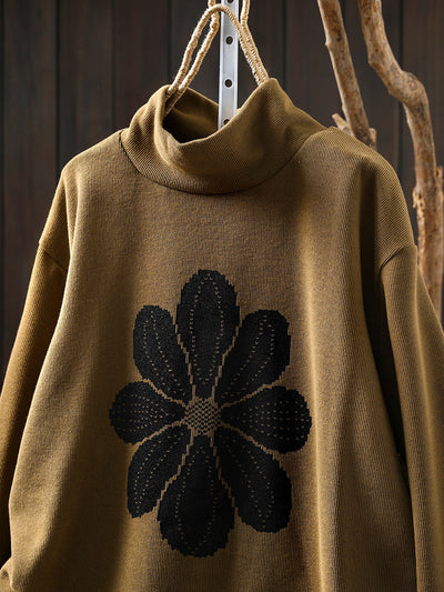 Women Autumn Flower Half-Turtleneck Knitted Sweater