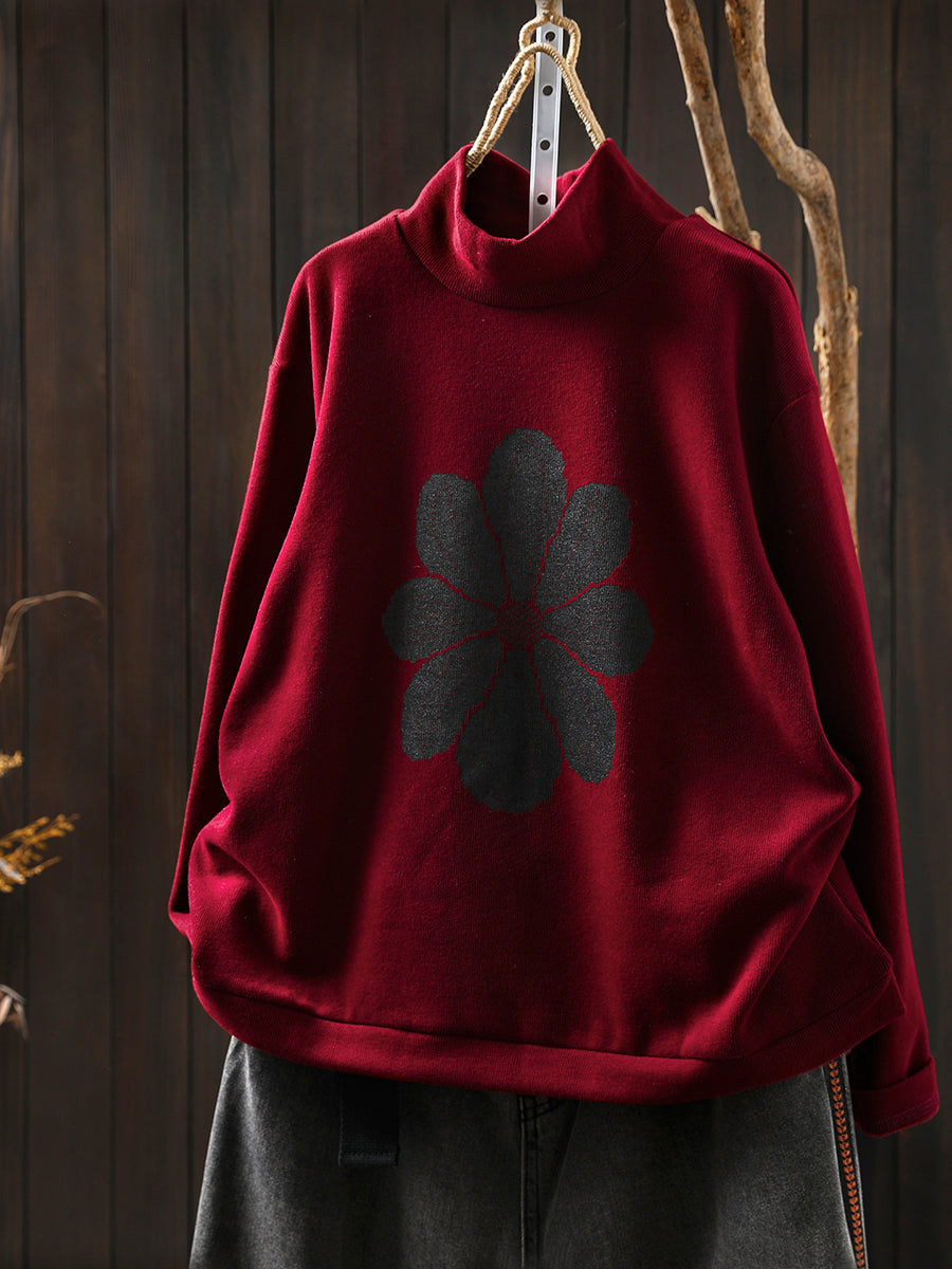 Women Autumn Flower Half-Turtleneck Knitted Sweater