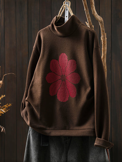 Women Autumn Flower Half-Turtleneck Knitted Sweater