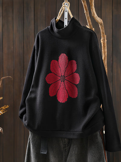 Women Autumn Flower Half-Turtleneck Knitted Sweater