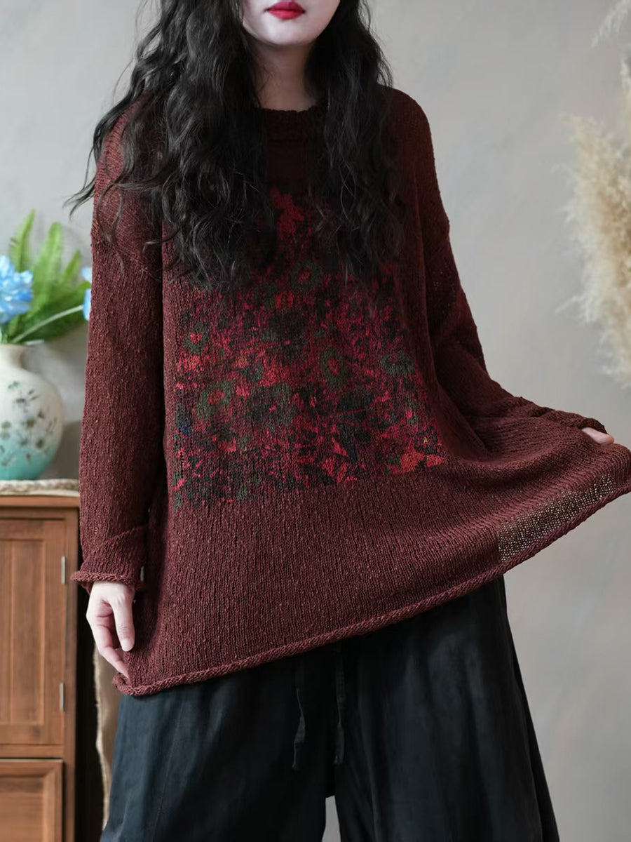 Women Autumn Artsy Flower Knitted O-Neck Sweater