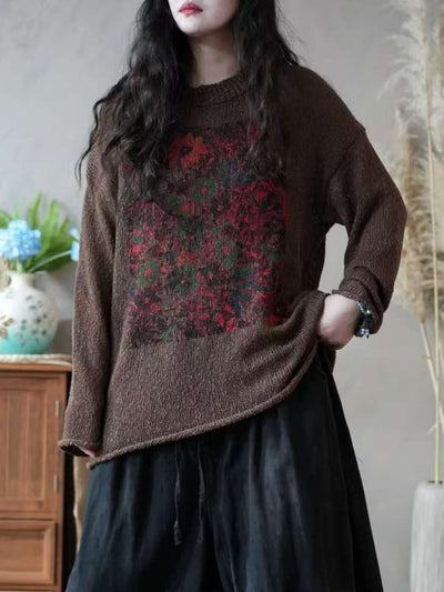 Women Autumn Artsy Flower Knitted O-Neck Sweater