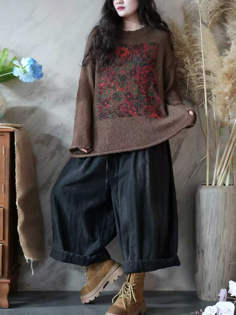 Women Autumn Artsy Flower Knitted O-Neck Sweater