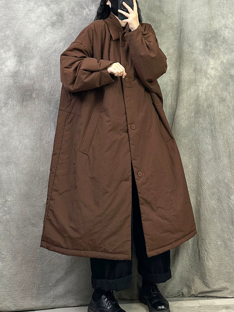 Women Winter Casual Pure Color Turn-down Collar Long Coat