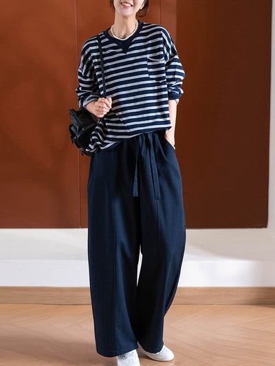 Women Autumn Casual Stripe O-Neck Blouse