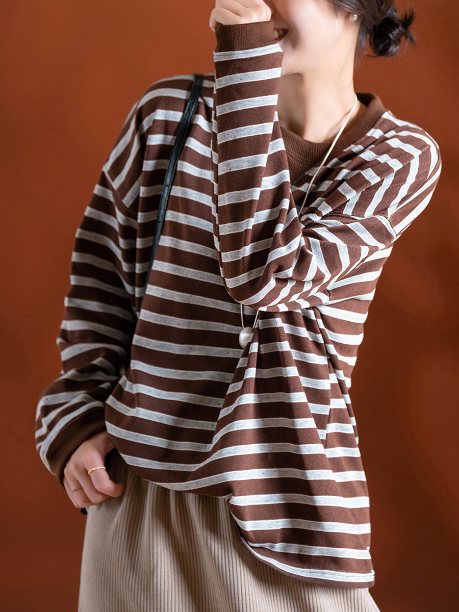 Women Autumn Casual Stripe O-Neck Blouse