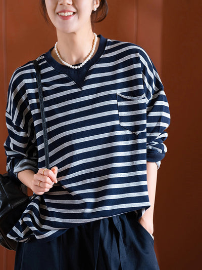 Women Autumn Casual Stripe O-Neck Blouse