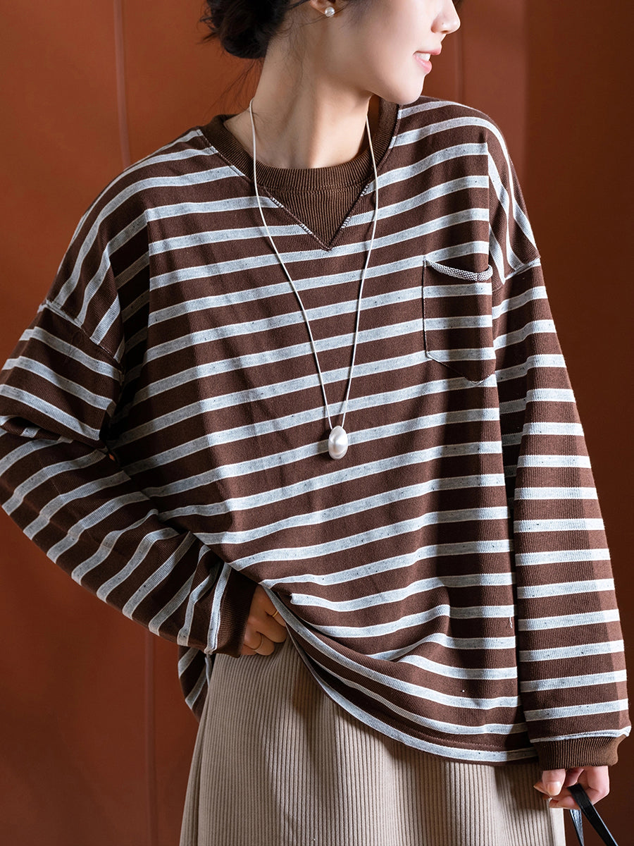 Women Autumn Casual Stripe O-Neck Blouse