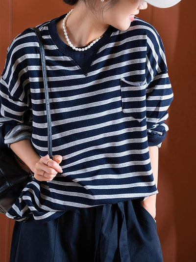 Women Autumn Casual Stripe O-Neck Blouse