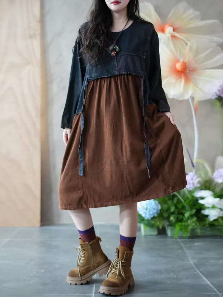 Women Autumn Retro Denim Spliced O-Neck Dress
