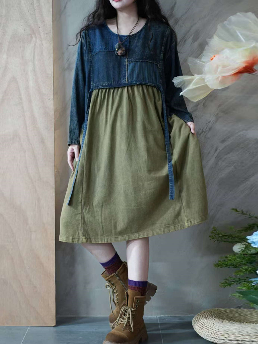 Women Autumn Retro Denim Spliced O-Neck Dress