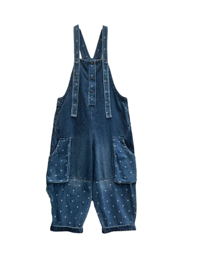 Women Vintage Dot Spliced 100%Cotton Denim Jumpsuits