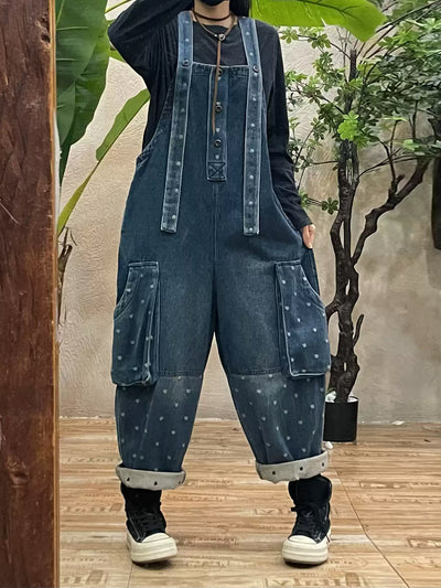 Women Vintage Dot Spliced 100%Cotton Denim Jumpsuits