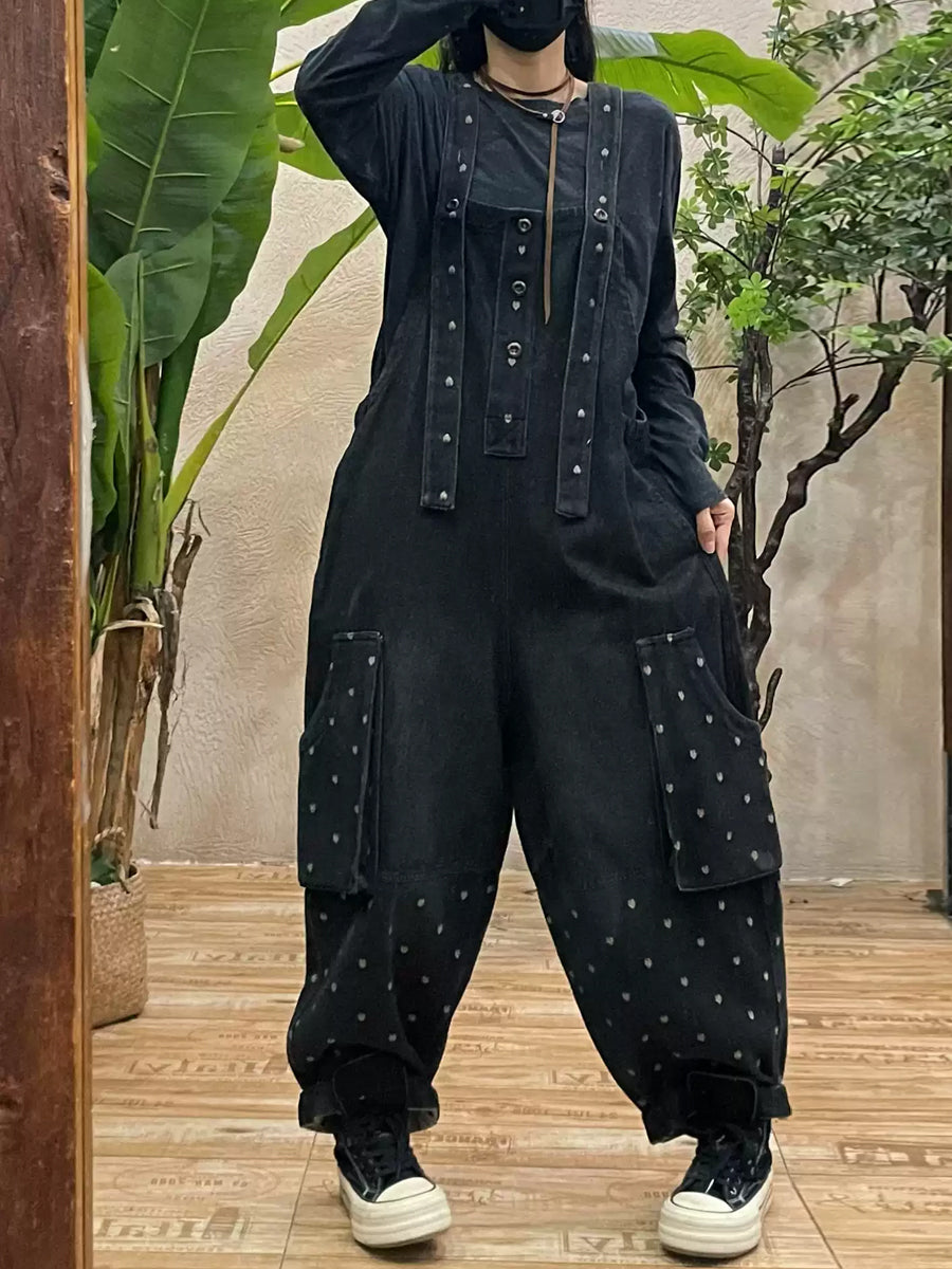 Women Vintage Dot Spliced 100%Cotton Denim Jumpsuits