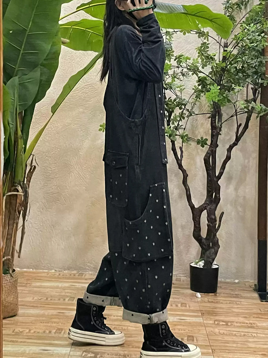 Women Vintage Dot Spliced 100%Cotton Denim Jumpsuits