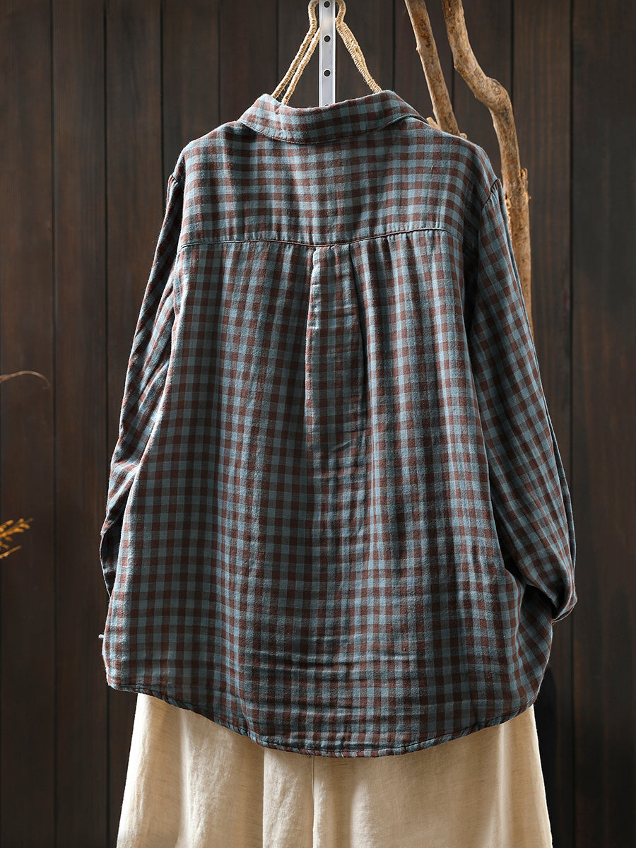 Women Autumn Plaid 100%Cotton Turn-down Collar Shirt