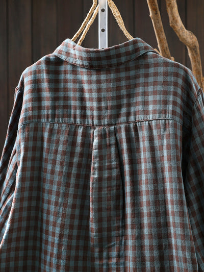 Women Autumn Plaid 100%Cotton Turn-down Collar Shirt