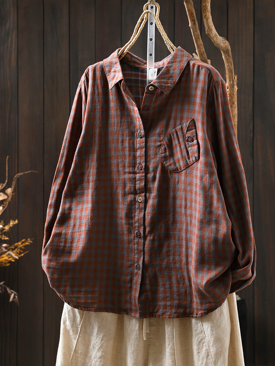 Women Autumn Plaid 100%Cotton Turn-down Collar Shirt