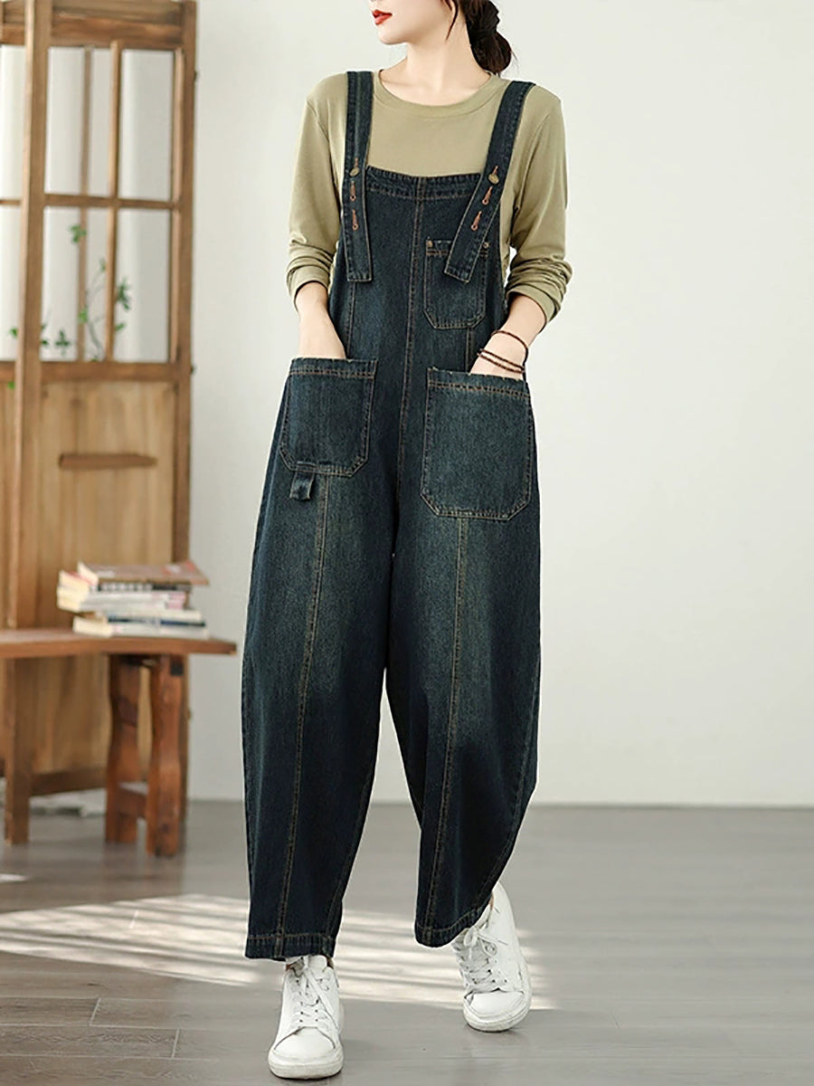 Women Autumn Pure Color Washed Denim Wide-leg Jumpsuits
