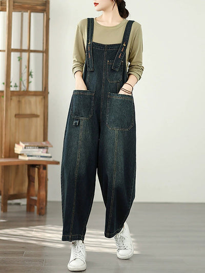 Women Autumn Pure Color Washed Denim Wide-leg Jumpsuits