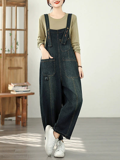 Women Autumn Pure Color Washed Denim Wide-leg Jumpsuits